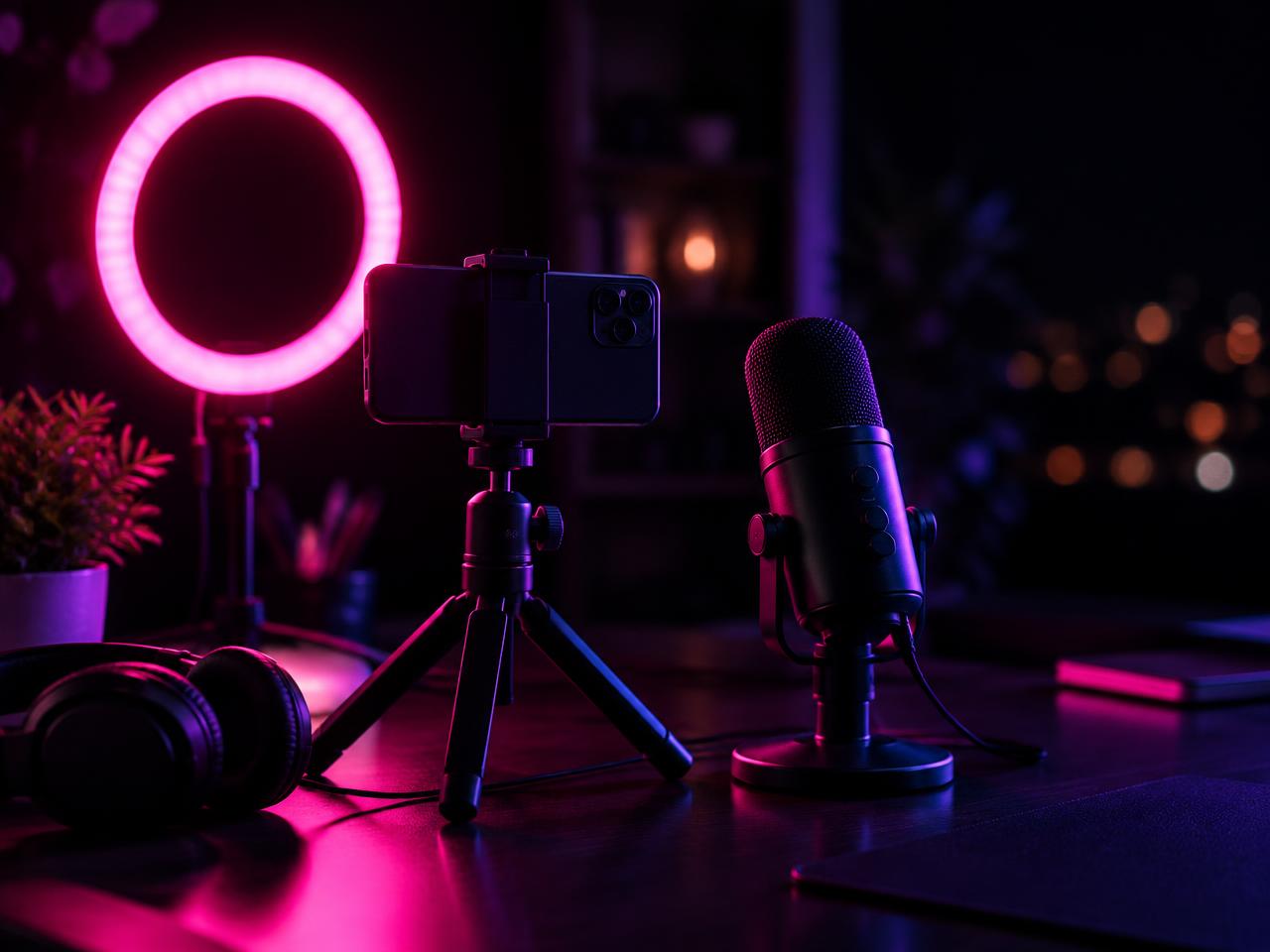 A home recording setup with a phone on a tripod, a ring light, and a microphone glowing in pink and purple light